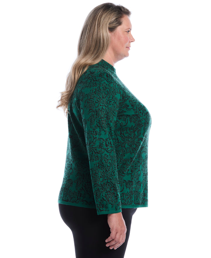Plus Size Floral Paisley Print Mock Neck Sweater (Ultramarine Green) 