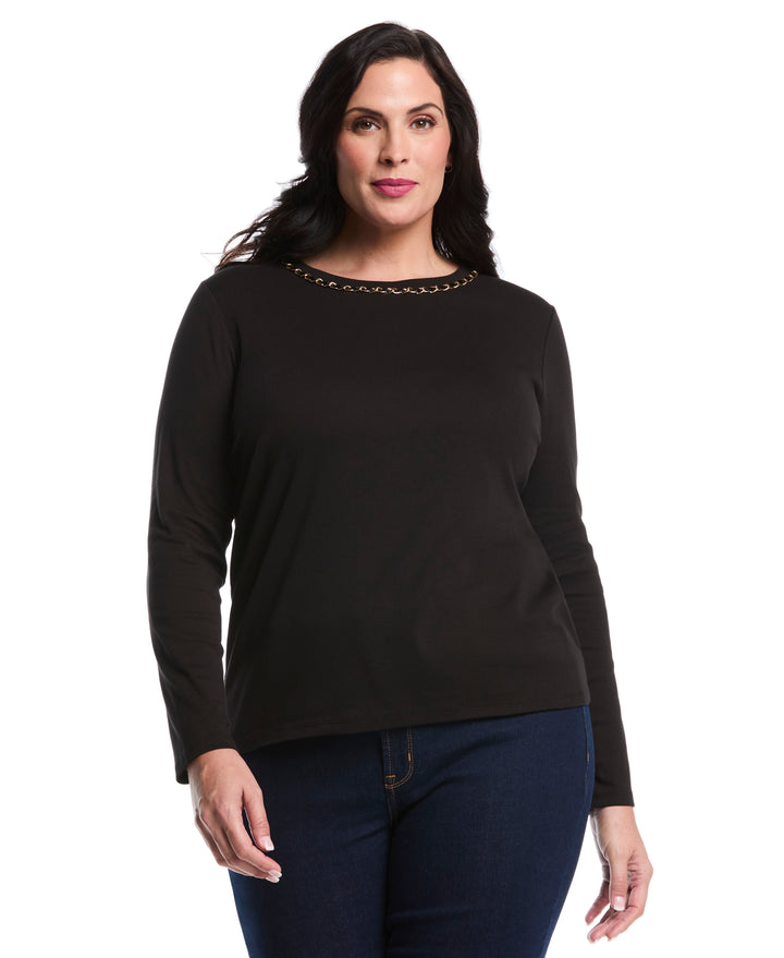 Plus Size Chain Neck Detail Top (Black) 