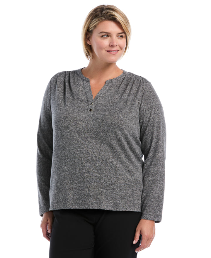 Plus Size Shirred Split Neck Top (Salt And Pepper Hthr) 