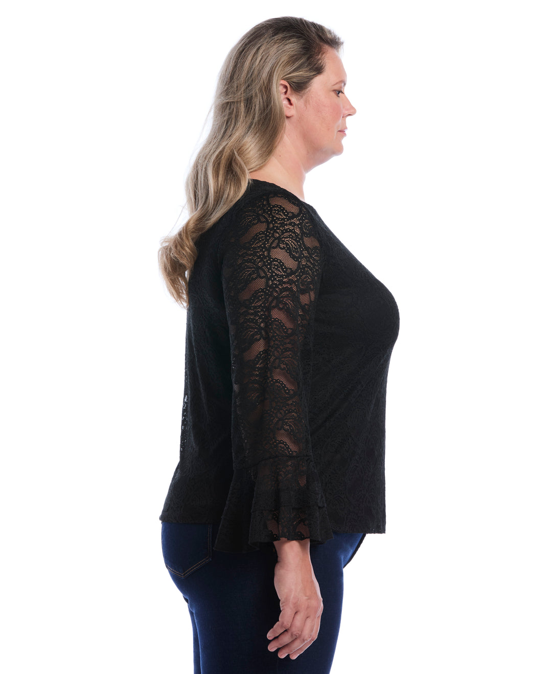 Plus Size Lace Ruffle Sleeve Boatneck Top (Black) 