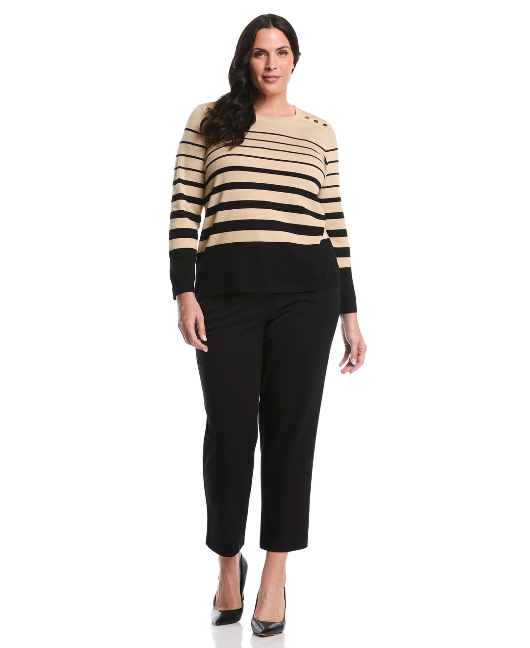 Plus Size Striped Print Rivet Detail Sweater (Irish Cream) 