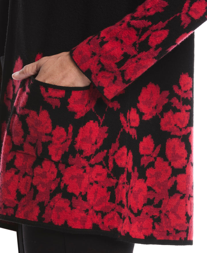 Floral Print Patch Pocket Open Cardigan (Black) 