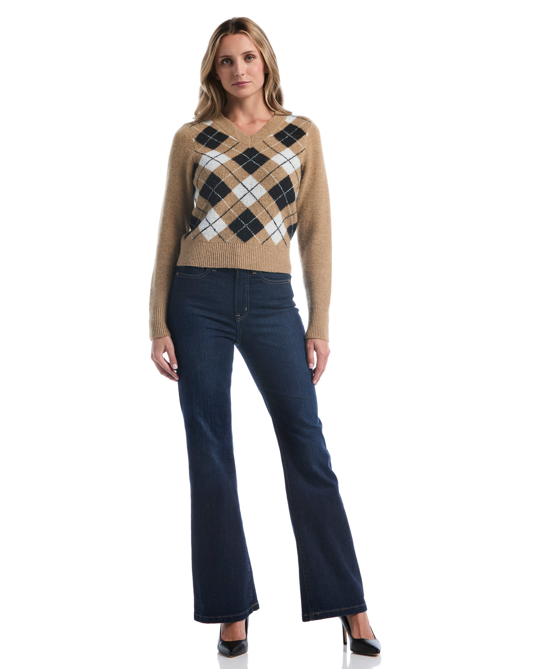Petite Argyle V-Neck Sweater (Tobacco Brown) 
