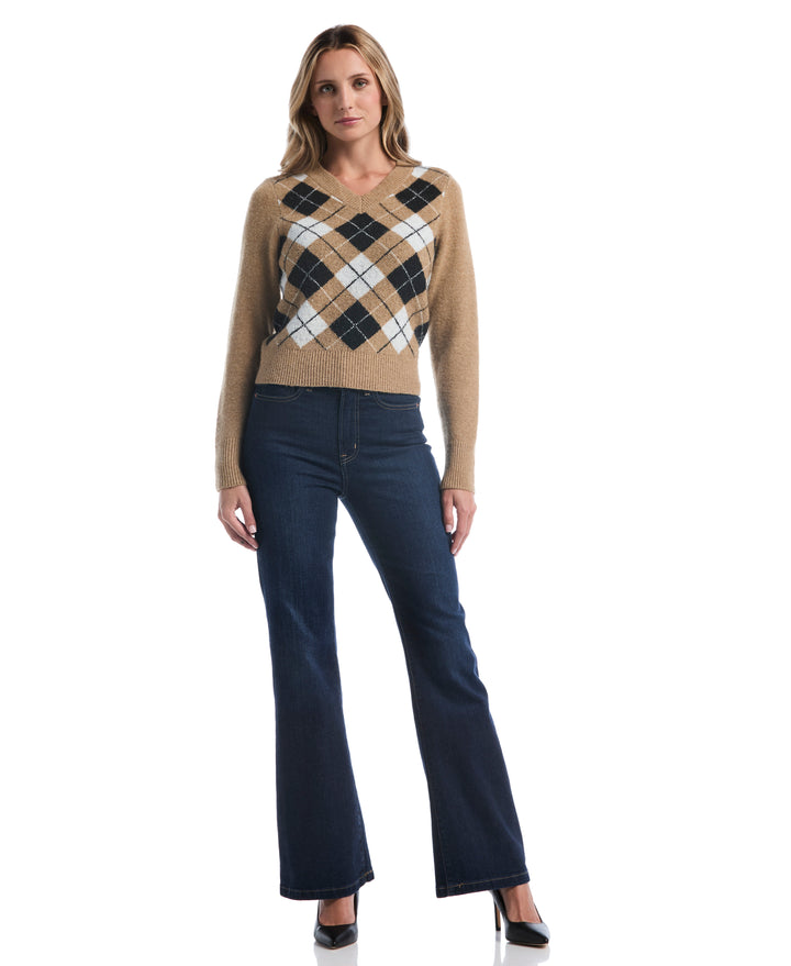 Petite Argyle V-Neck Sweater (Tobacco Brown) 