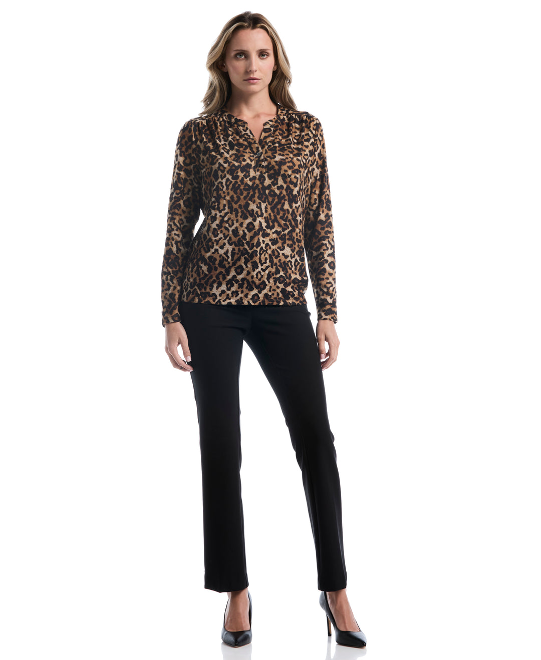 Petite Leopard Print Shirred Split Neck Top (Monks Robe) 