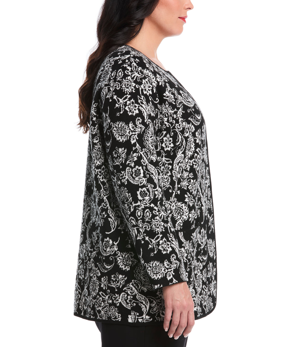 Plus Size Paisley Print Patch Pocket Open Cardigan (Black) 