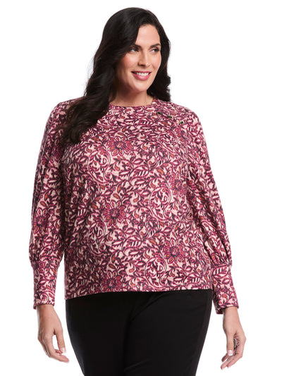 Plus Size Paisley Print Puff Sleeve Crew Neck Top (Beetroot Purple) 