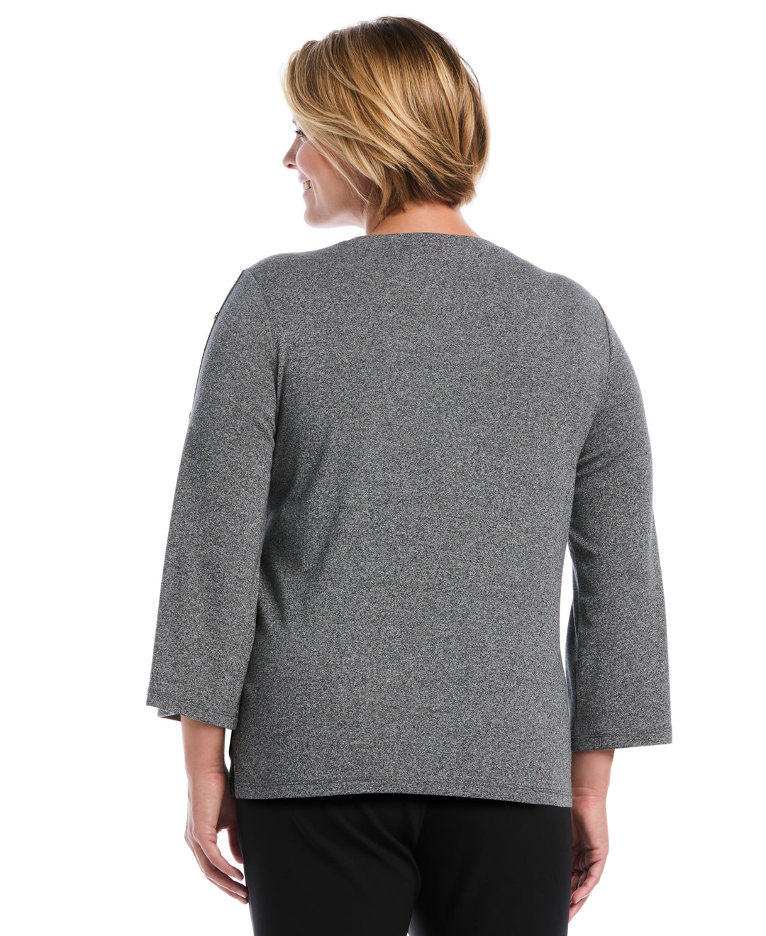 Plus Size Stud Trim Wide Sleeve Top (Salt And Pepper Hthr) 