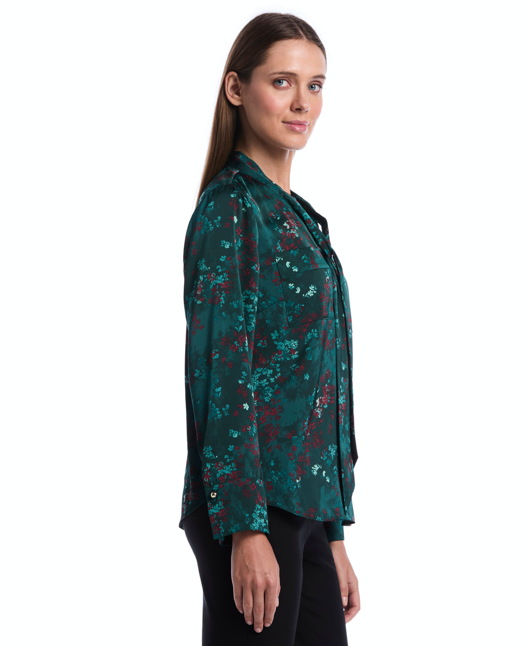 Petite Floral Tie Neck Patch Pocket Blouse (Ponderosa Pine) 