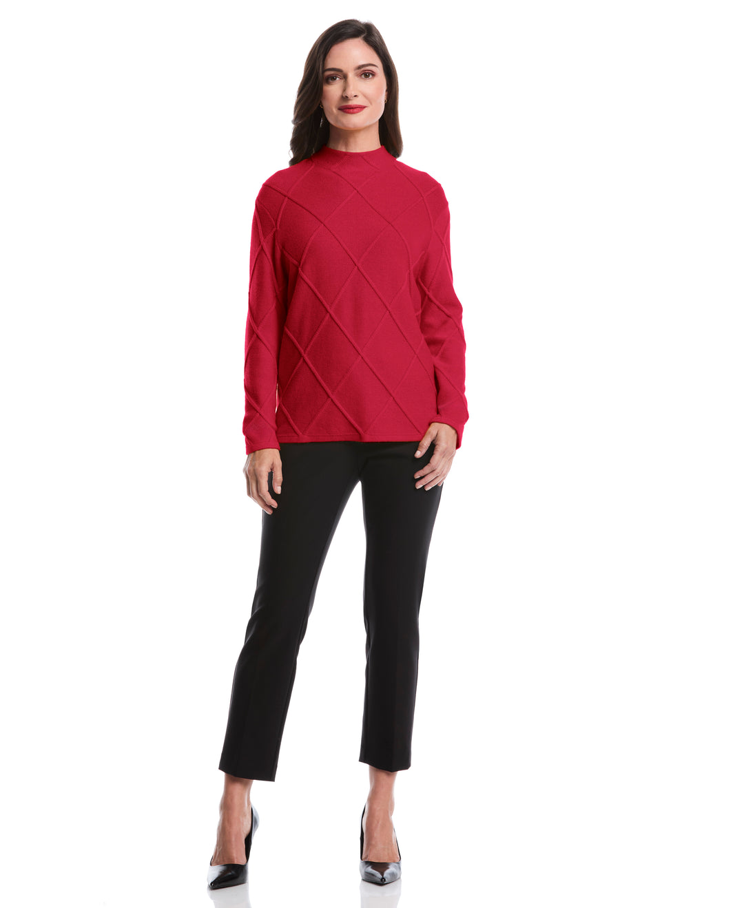 Petite Diamond Stitch Mock Neck Sweater (Rio Red) 
