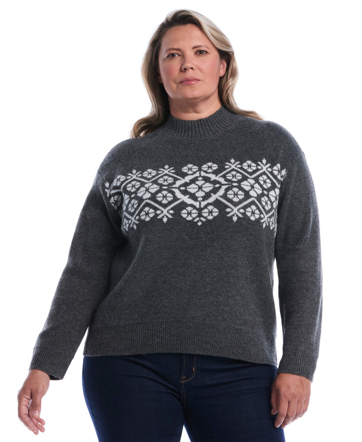 Plus Size Floral Argyle Mock Neck Sweater (Charcoal) 