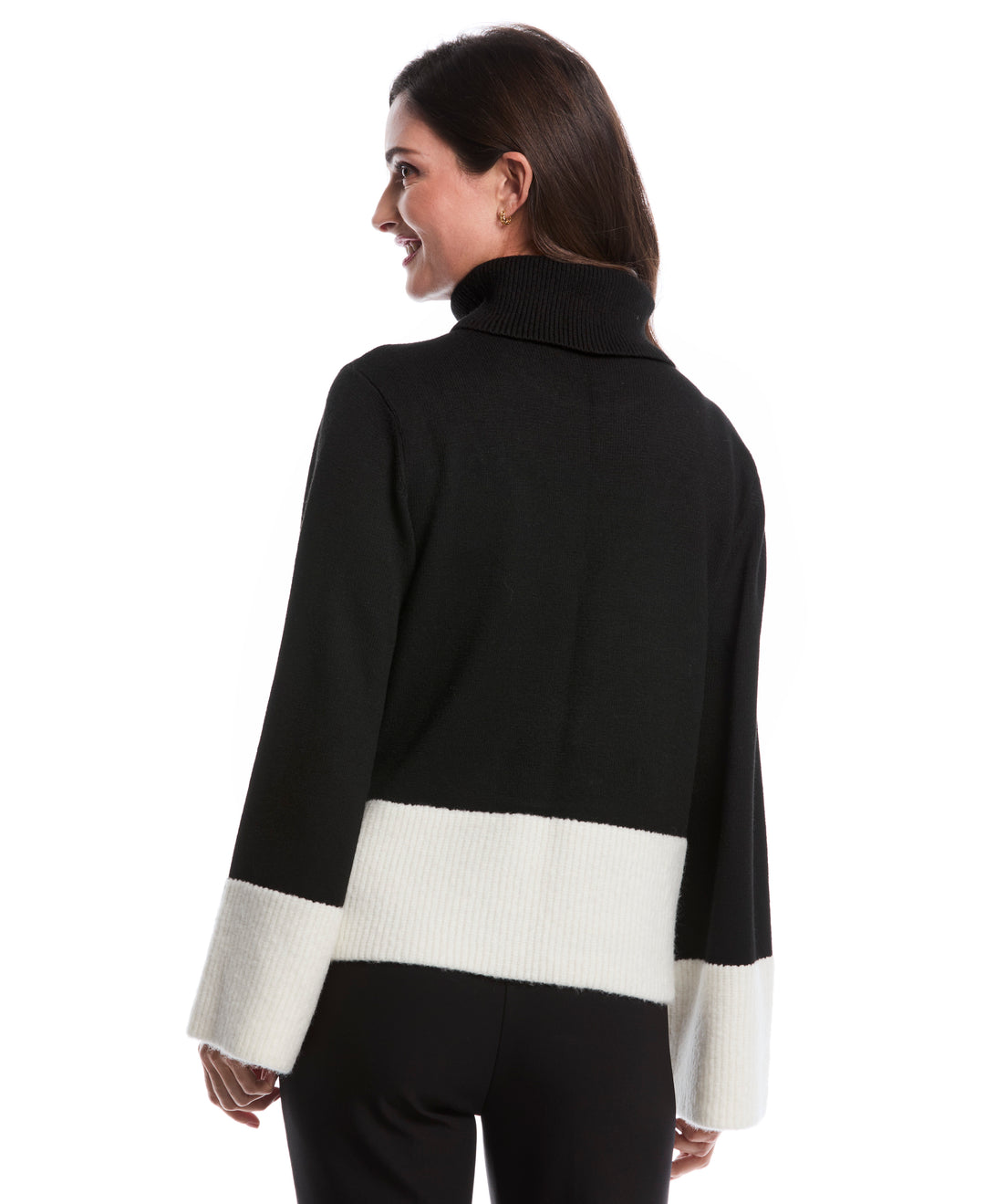 Petite Color Block Trim Turtleneck Sweater (Black) 