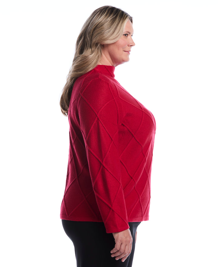 Plus Size Diamond Stitch Mock Neck Sweater (Jester Red) 