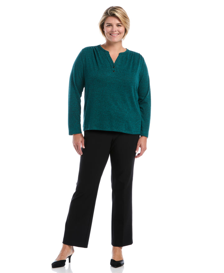 Plus Size Shirred Split Neck Top (Deep Teal) 