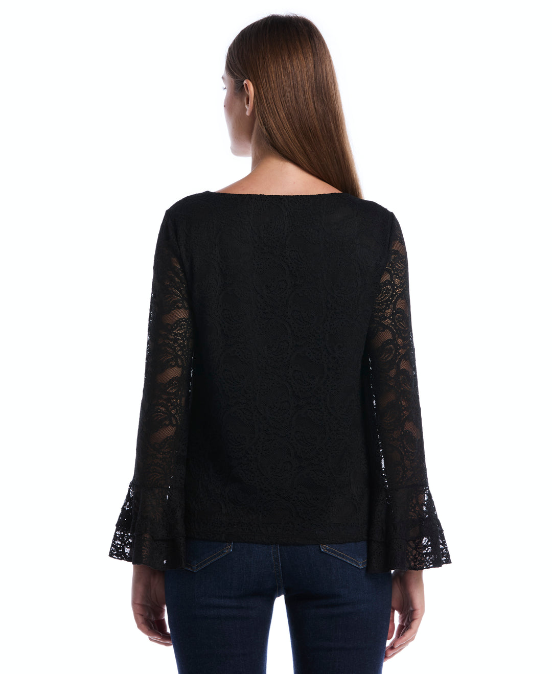 Petite Lace Ruffle Sleeve Boatneck Top (Black) 