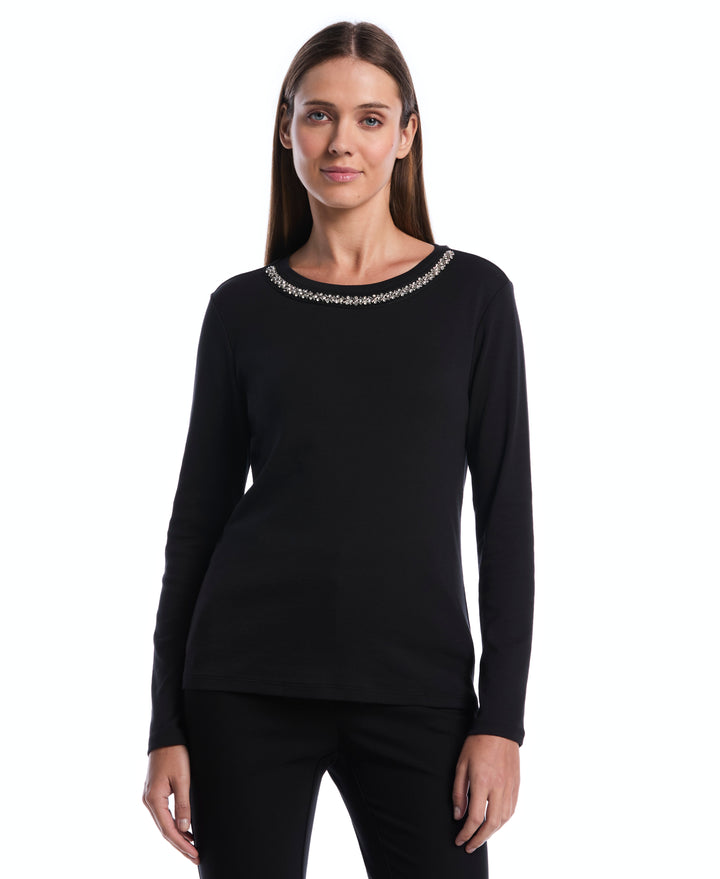 Embellished Neckline Top (Black) 