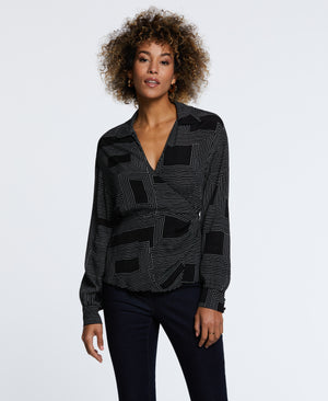 Eco Fabric Long Sleeve Faux Wrap Blouse (Black) 