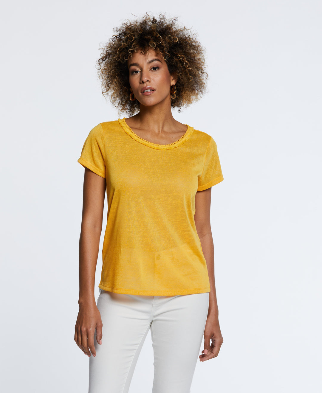 Eco Fabric Short Sleeve Top with Decorative Trim (Amber Yellow) 