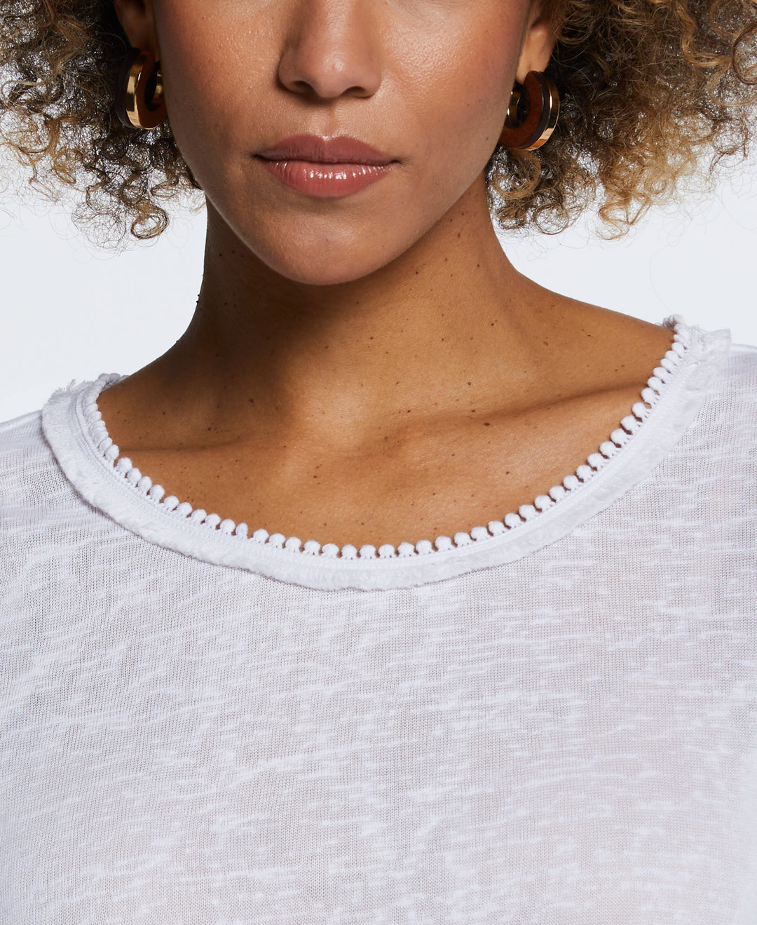 Eco Fabric Short Sleeve Top with Decorative Trim (White) 