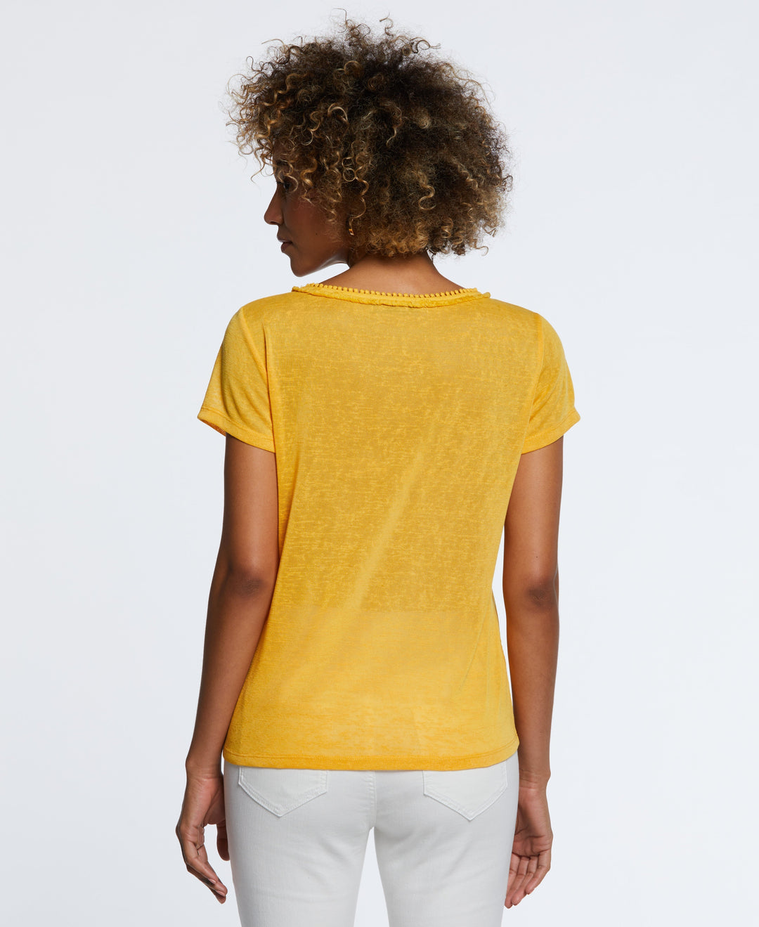 Eco Fabric Short Sleeve Top with Decorative Trim (Amber Yellow) 