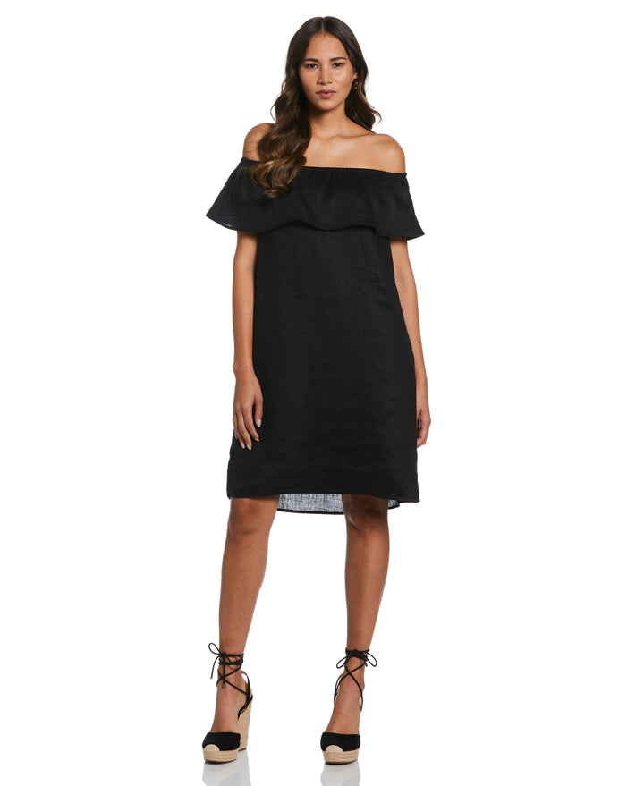 Off-the-Shoulder Ruffle Linen Dress (Black) 