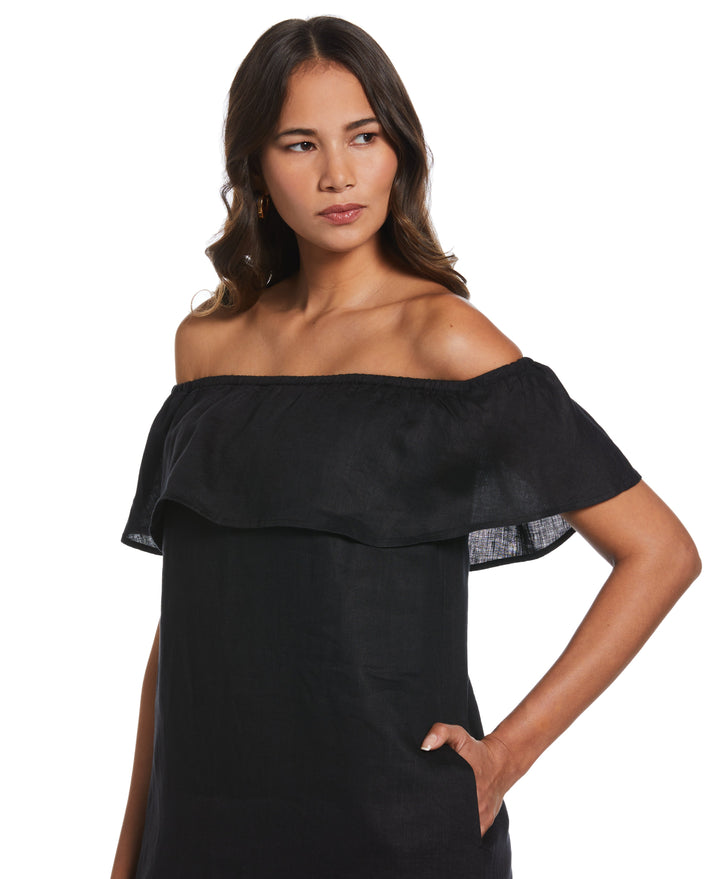 Off-the-Shoulder Ruffle Linen Dress (Black) 