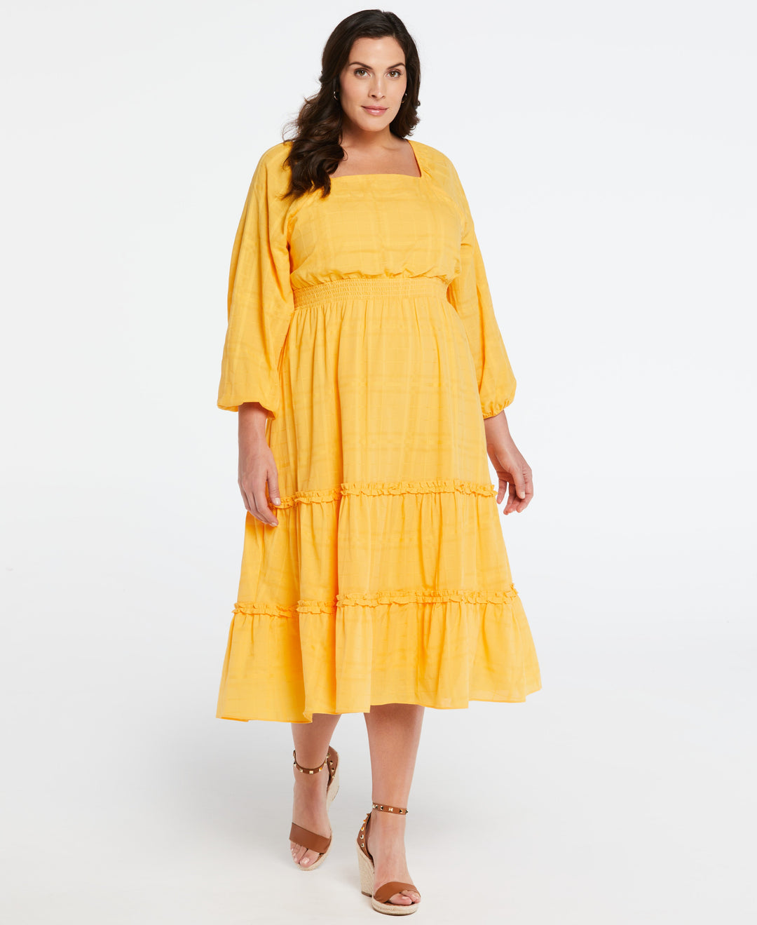Plus Size 100% Cotton Square Neck Puff Sleeve Dress (Amber Yellow) 
