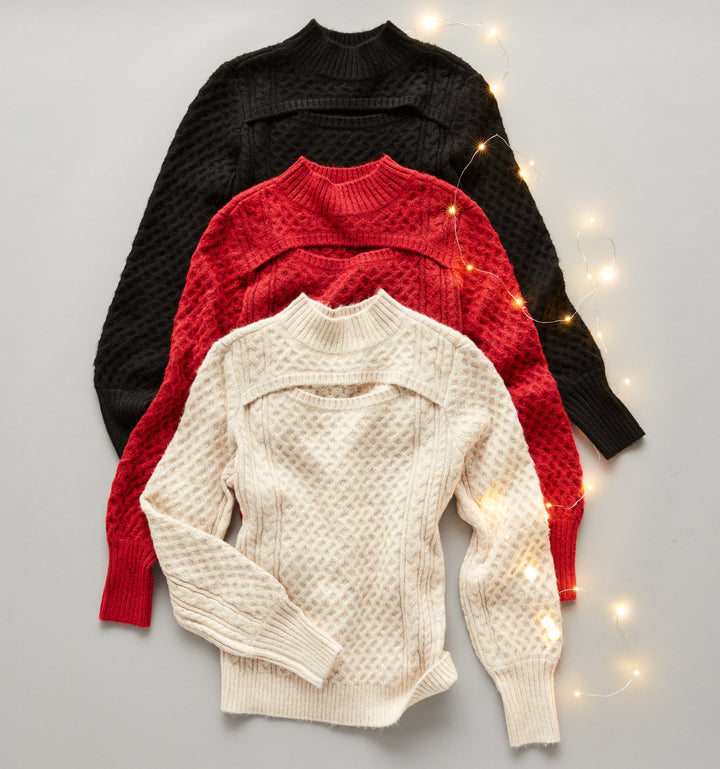 Cut-Out Cable Knit Sweater (Ruby)