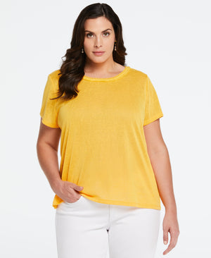 Plus Size Eco Fabric Short Sleeve Top with Decorative Trim (Amber Yellow) 