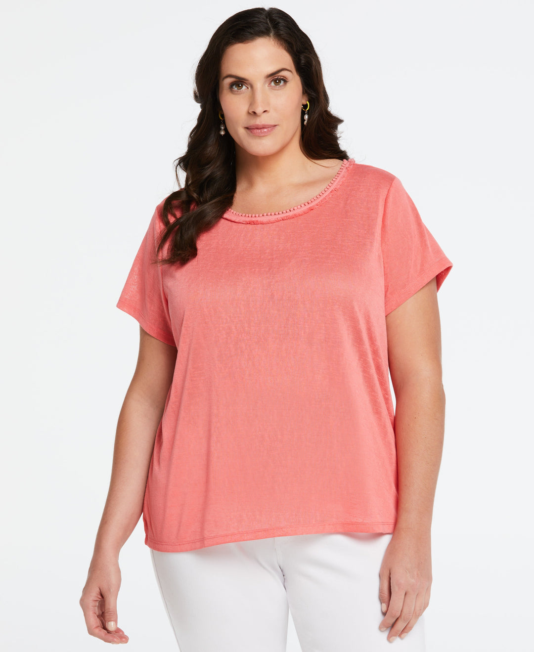 Plus Size Eco Fabric Short Sleeve Top with Decorative Trim (Sun Kissed Coral) 