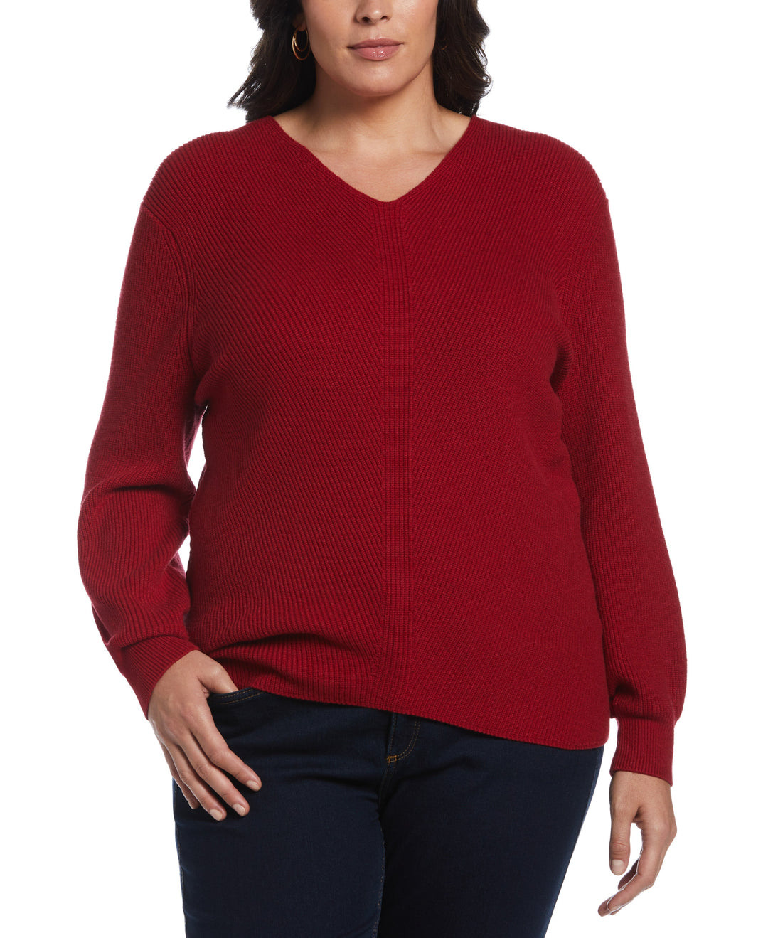 Essential Ribbed V-Neck Sweater (Ruby) 