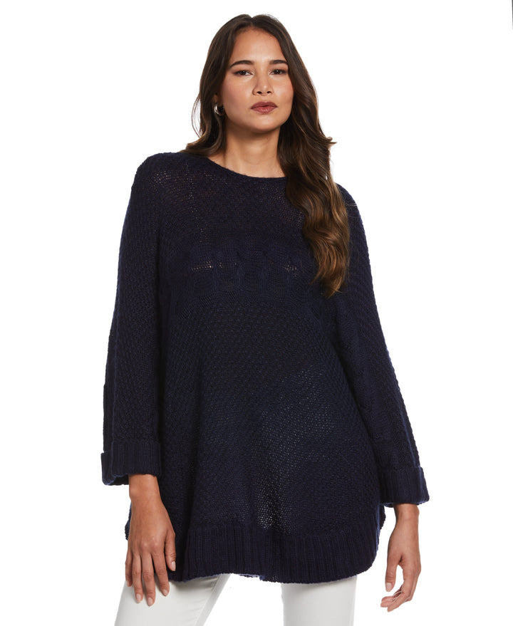 Oversized Poncho Cable Knit Sweater (Peacoat) 