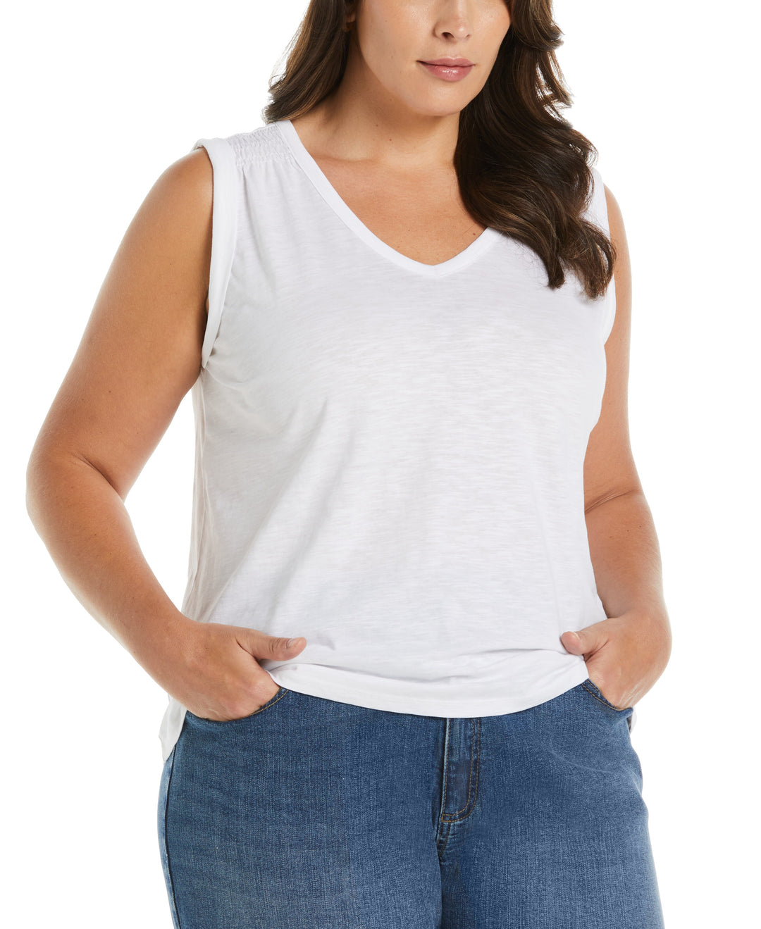 Solid Smocked V-neck Top (White) 