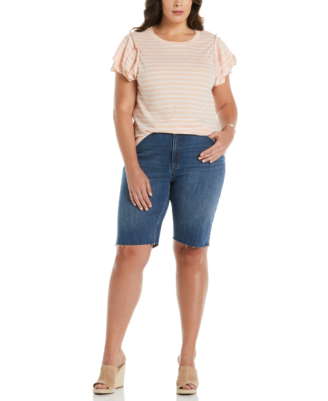 Stripe Ruffle Sleeve Tee (Peach Melba) 