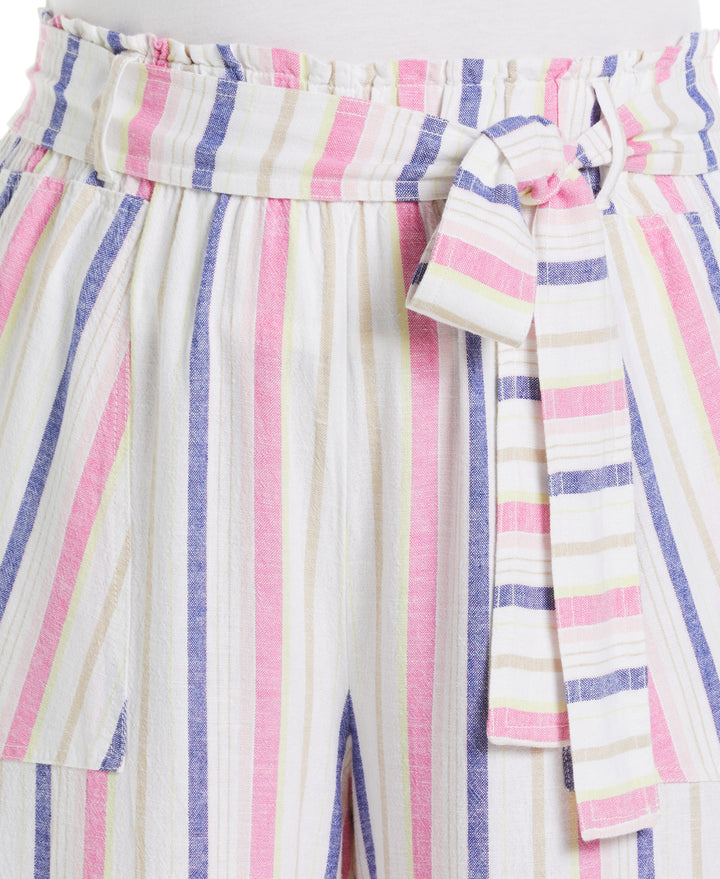 Stripe Wide Leg Linen Blend Paper Bag Pant (White) 
